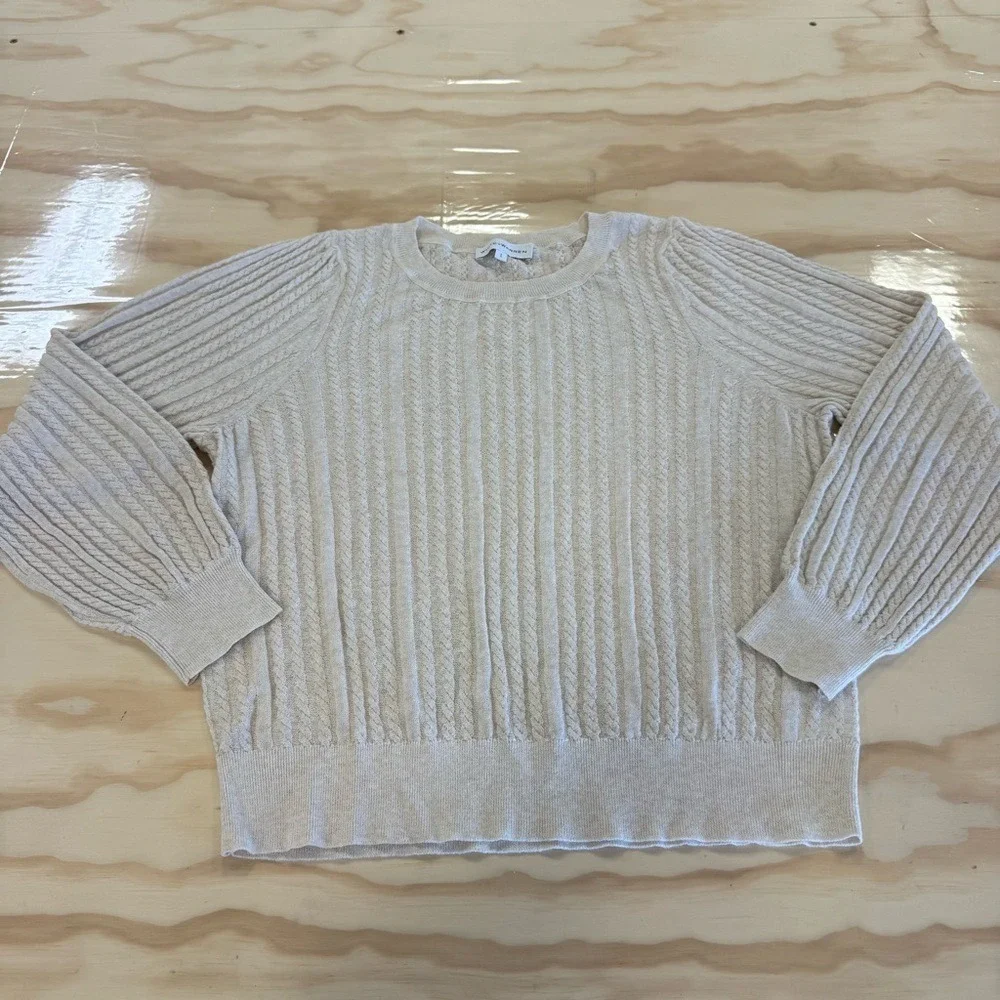 White + Warren Knit Lightweight Linen Blend Beige Cable Knit Crew Neck Sweater L